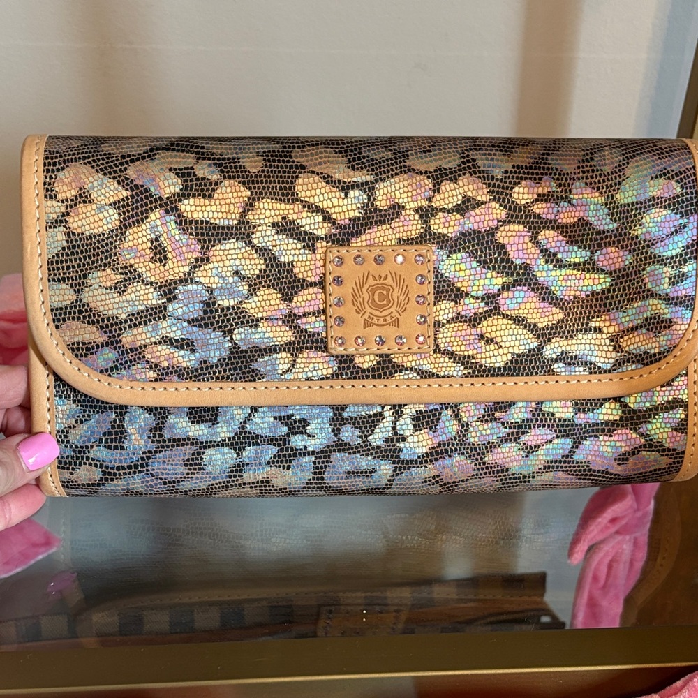 Consuela Iridescent Leopard Clutch with Tan Trim